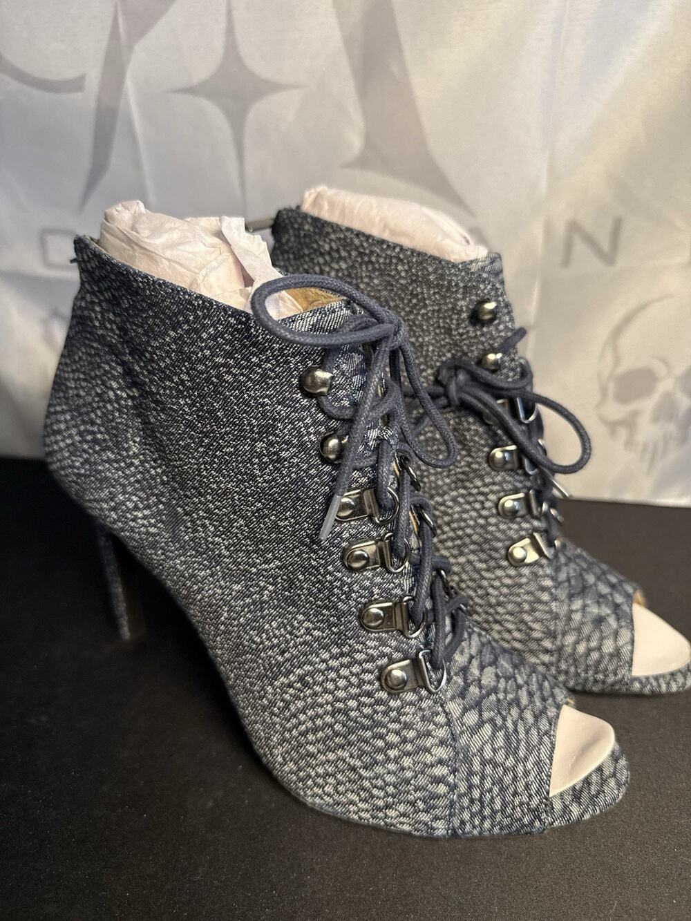 G.I.L.I. Feliana Peep Toe Lace Up Blue Acid Snake Denim Heel Women’s Size 8